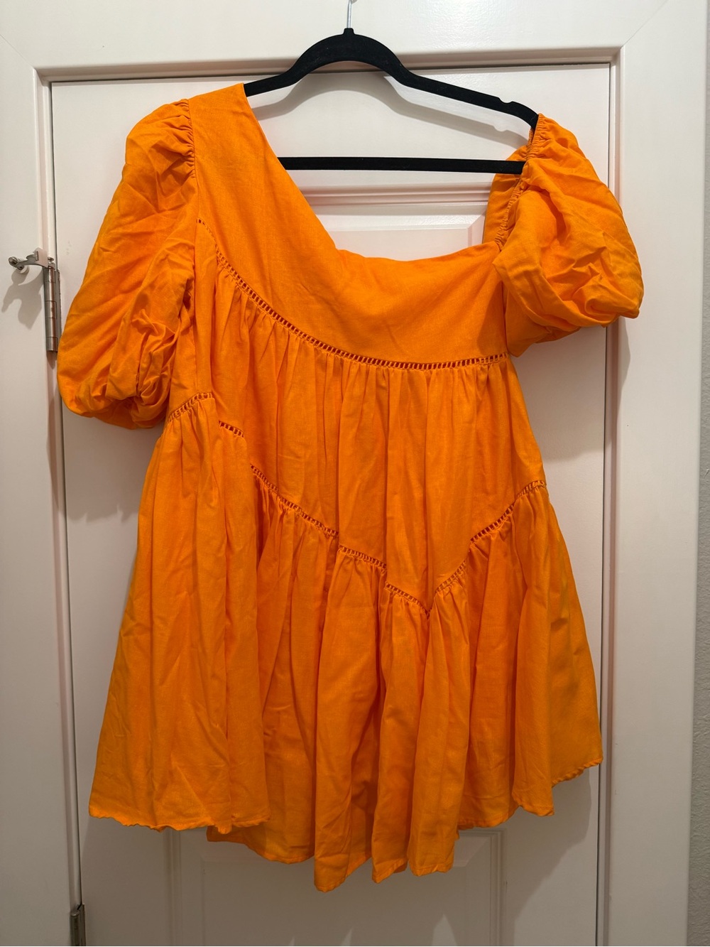 SHOWPO | Harleen Mini Dress
Linen Asymmetrical Trim Puff Sleeve Dress In Orange - Picture 6 of 8